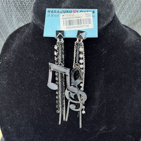 Jewelry - Silver Black Rhinestone‎ Music Note 4" Dangle Earrings